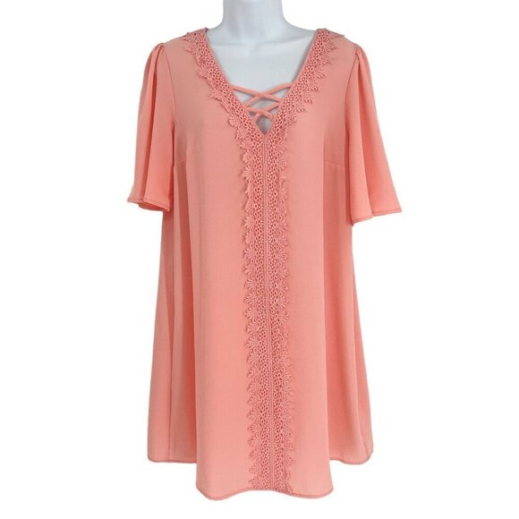 Sequin Hearts Coral Pink Floral Lace V-Neck Short Sleeve Tunic Dress Large - Picture 1 of 6